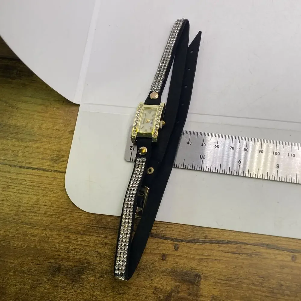 Womens Gold Tone Leather Wrist Wrap Watch New Battery